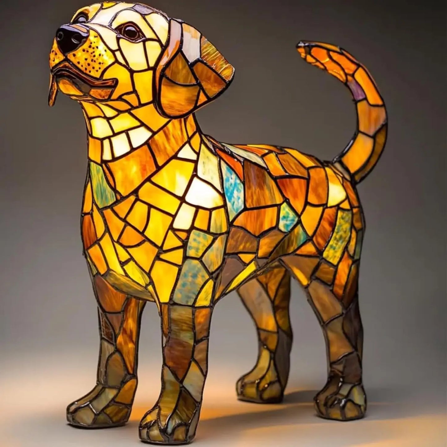 Art Nouveau stained glass cat dog lamp handcrafted multi-colored vintage-inspired warm ambient glow