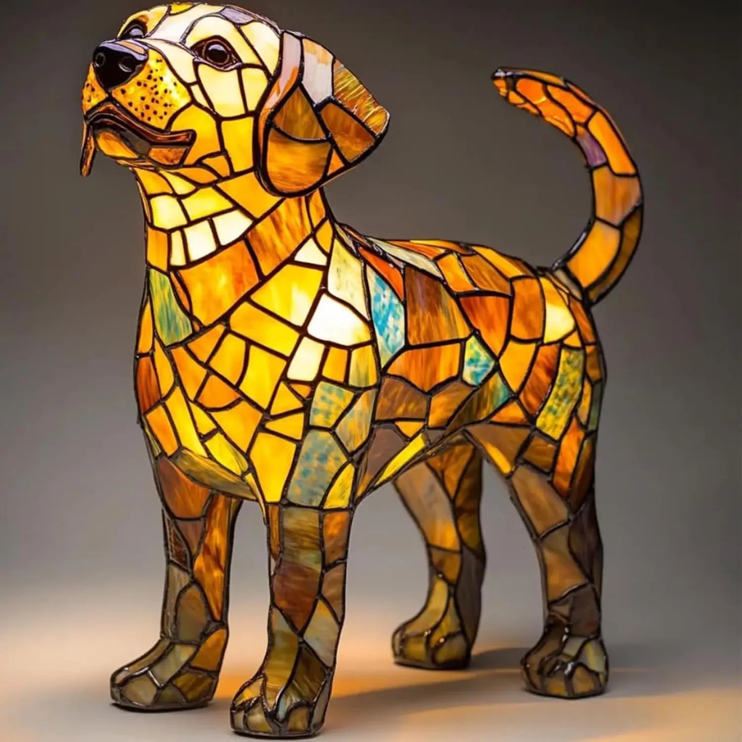 Art Nouveau stained glass cat dog lamp handcrafted multi-colored vintage-inspired warm ambient glow