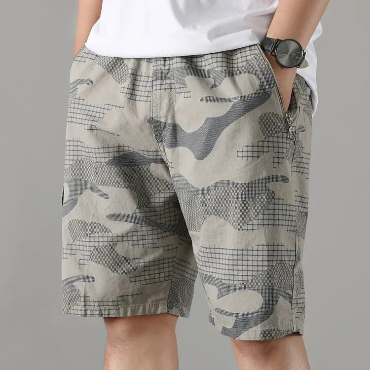 Men's camo tactical shorts elastic waistband drawstring zip flap pockets cotton-blend outdoor