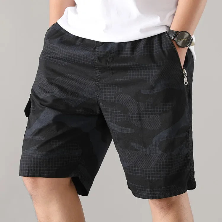 Men's camo tactical shorts elastic drawstring waist zip flap pockets cotton-blend outdoor