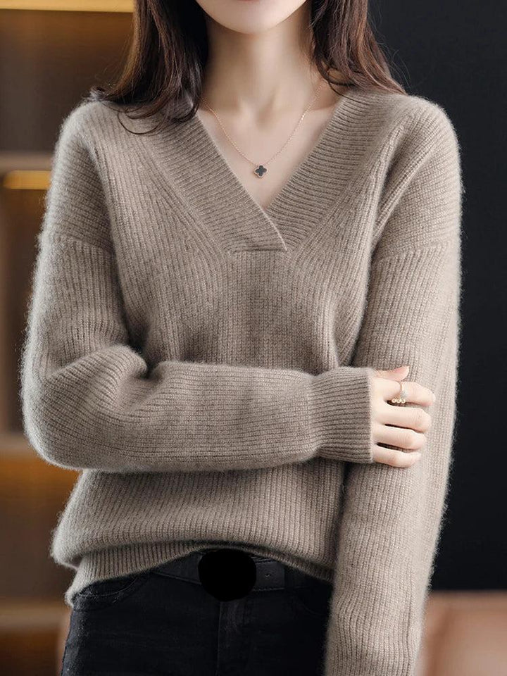 Women's soft knit V-neck pullover sweater relaxed fit with ribbed trim cozy essential