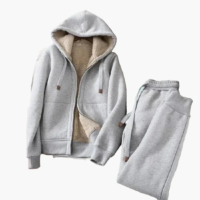 Women's fleece hooded tracksuit set in casual athletic style with thick cozy lining for sport