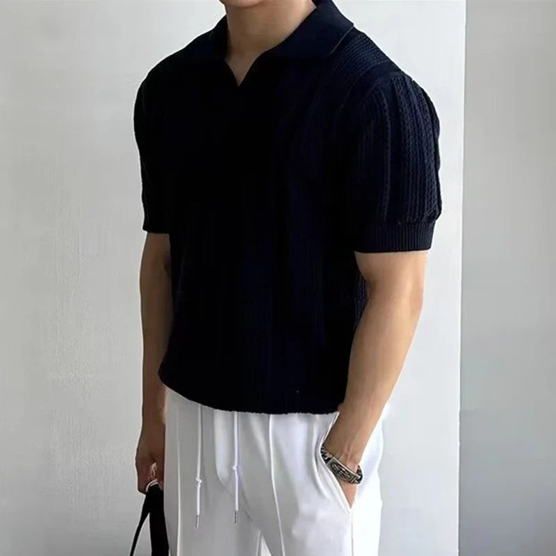 Men's slim fit mesh knit polo shirt vintage lapel lightweight breathable solid color summer top