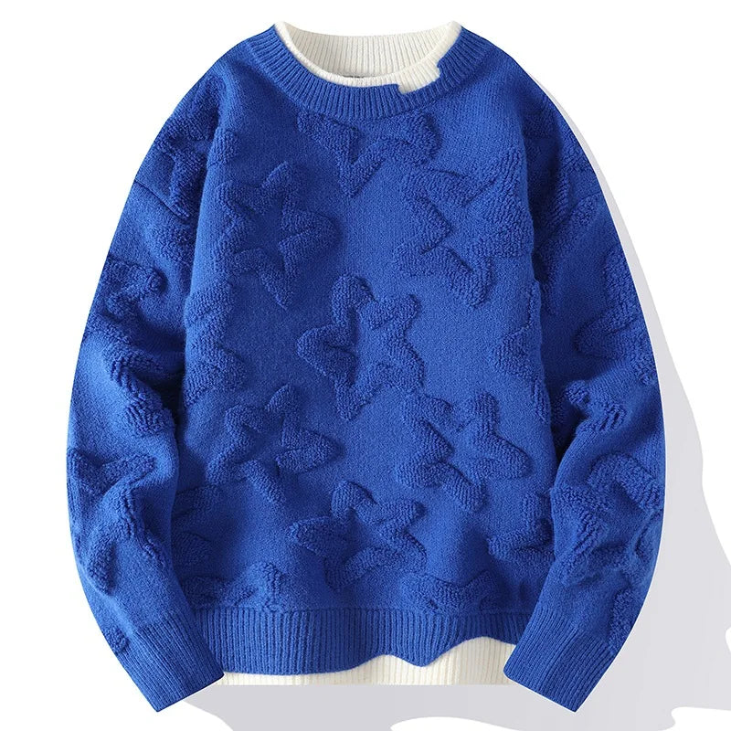 Beige cozy knit sweater with embossed raised star pattern texture for casual everyday wear