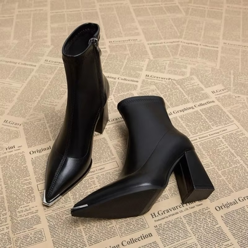 Black pointed toe women's ankle boots with square heel and full-length back zipper closure