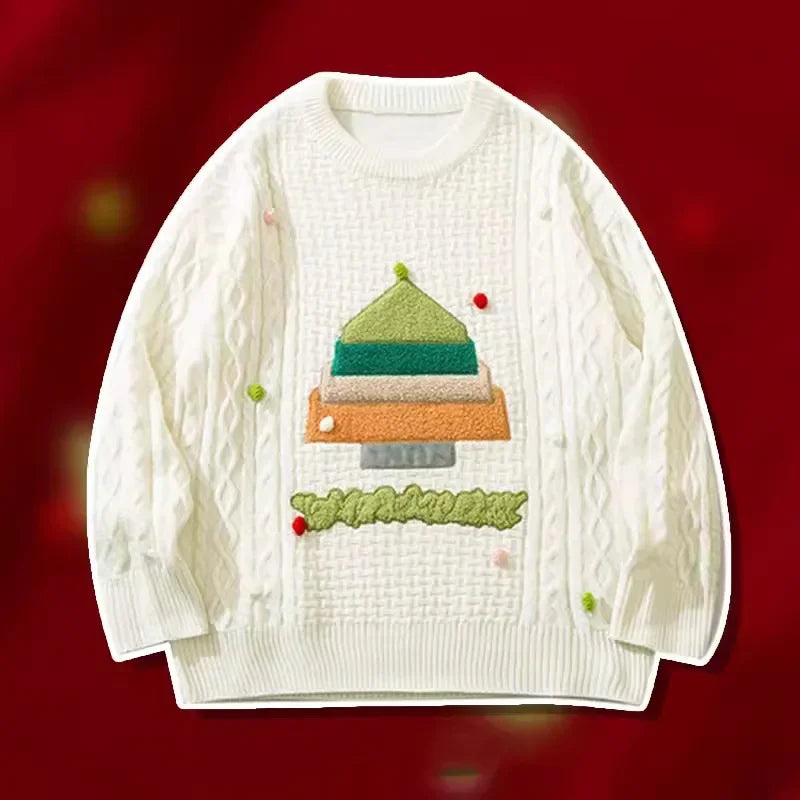 Women's vintage knit sweater cozy relaxed fit festive 3D pom pom holiday accents