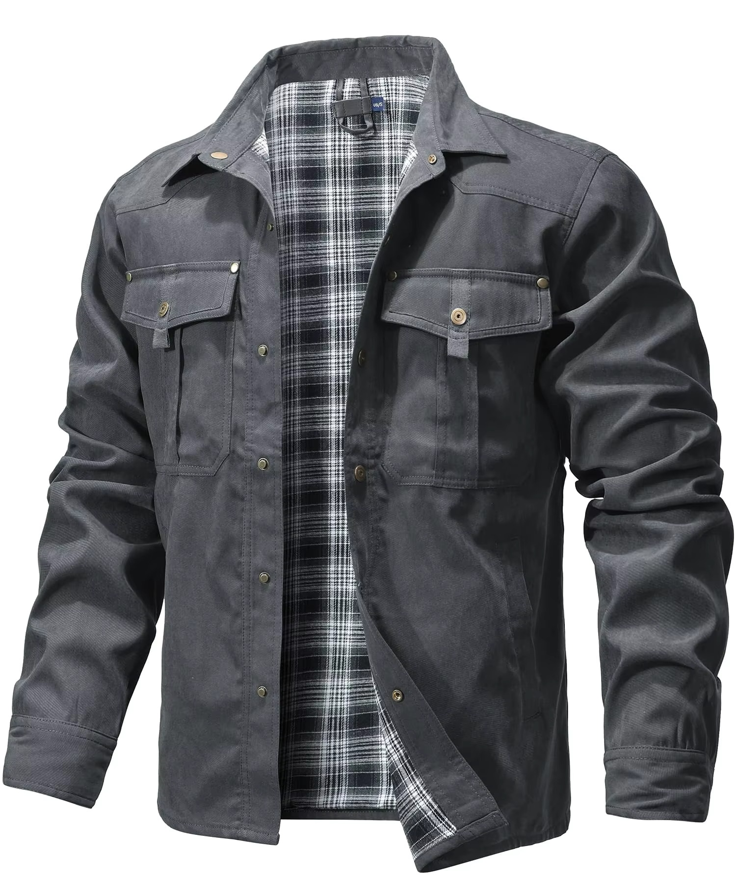 Men's flannel lined Western shirt jacket with snap button closure, midweight overshirt for all seasons
