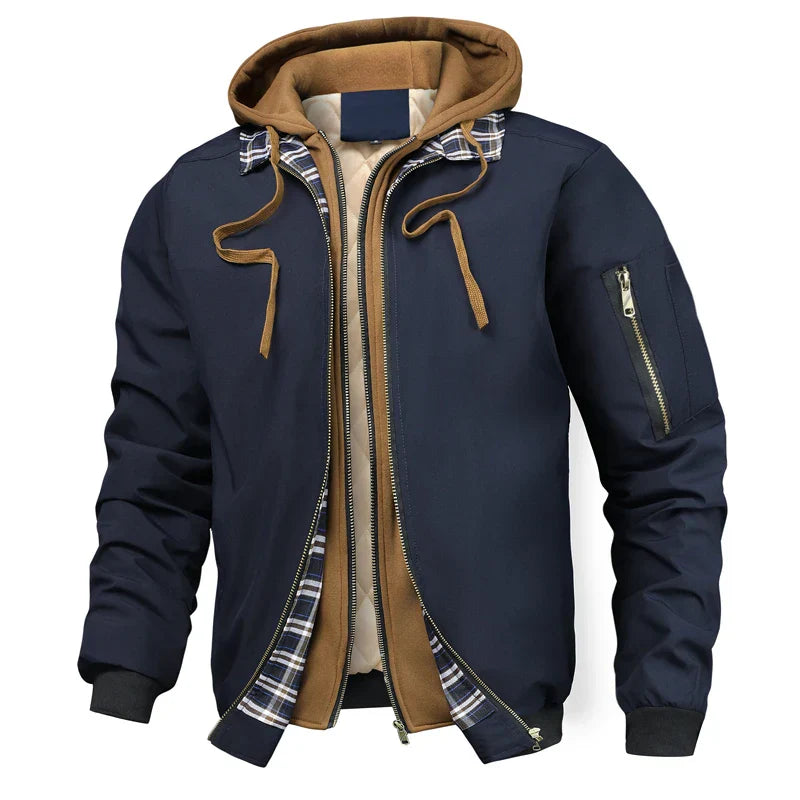 Men's relaxed fit hooded bomber jacket with quilted lining and zip sleeve pocket