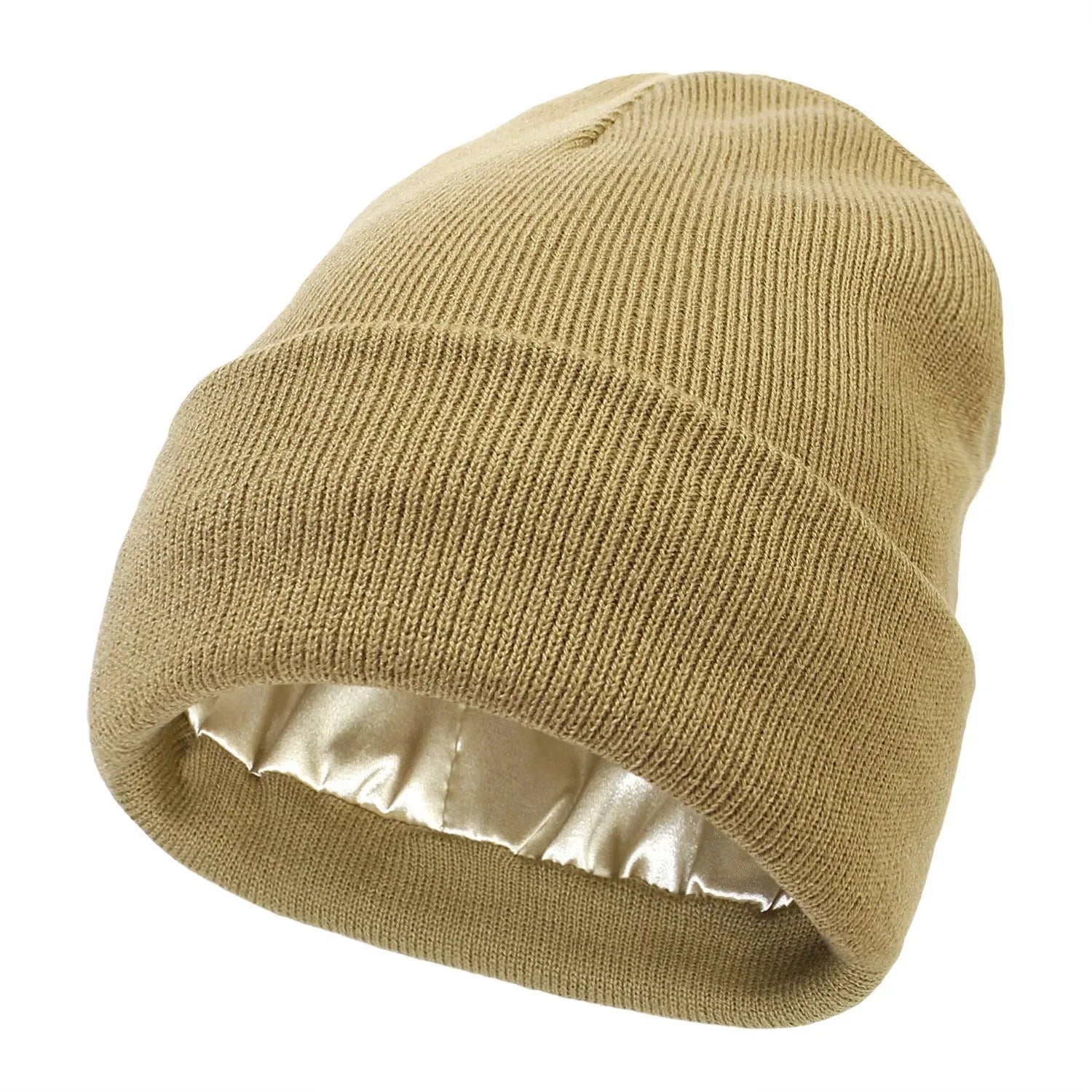Sienna ribbed knit cuffed beanie with satin lining, unisex casual winter hat in warm neutral tone