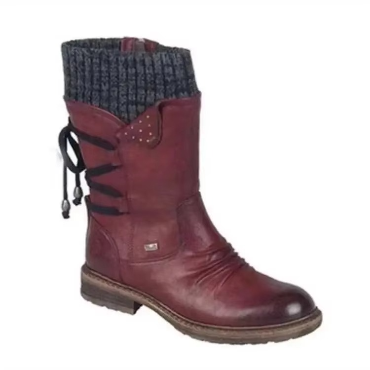 Women's brown faux suede mid-calf winter boots with fleece lining and slip-resistant sole