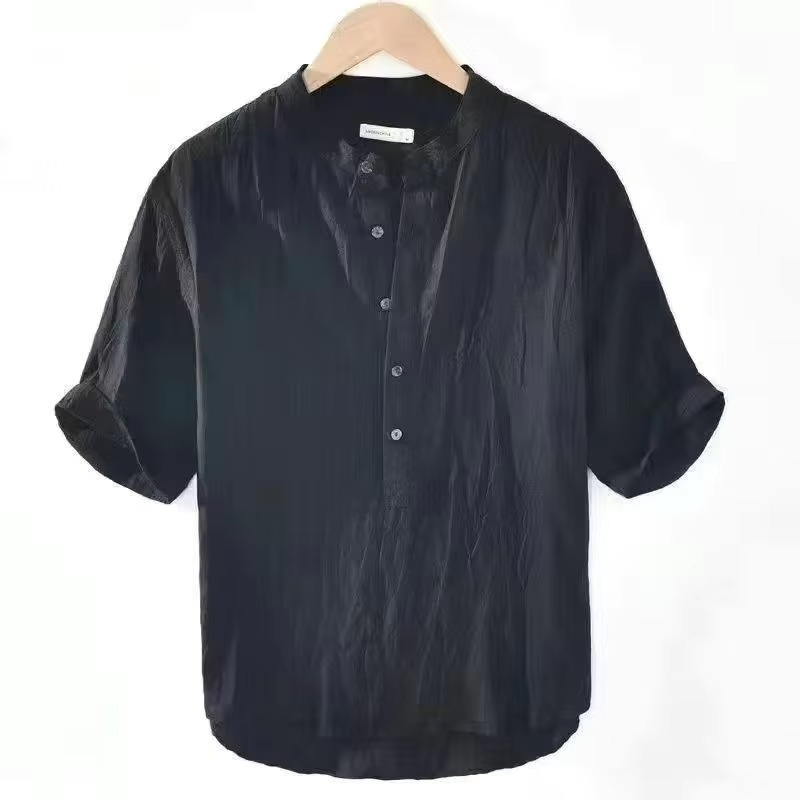 Men's cotton linen short sleeve shirt breathable relaxed fit turn-down collar beachwear casual top