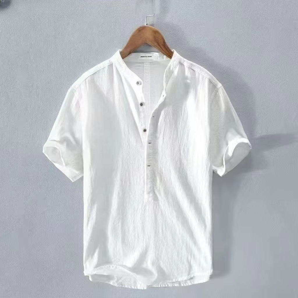 Men's cotton linen short sleeve shirt relaxed fit turn-down collar breathable beachwear casual top