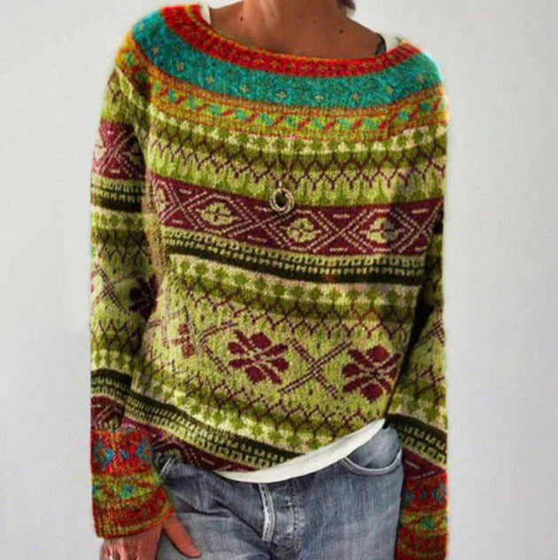Women's winter knit sweater with bold color-transition pattern, cozy relaxed fit for cold-weather layering