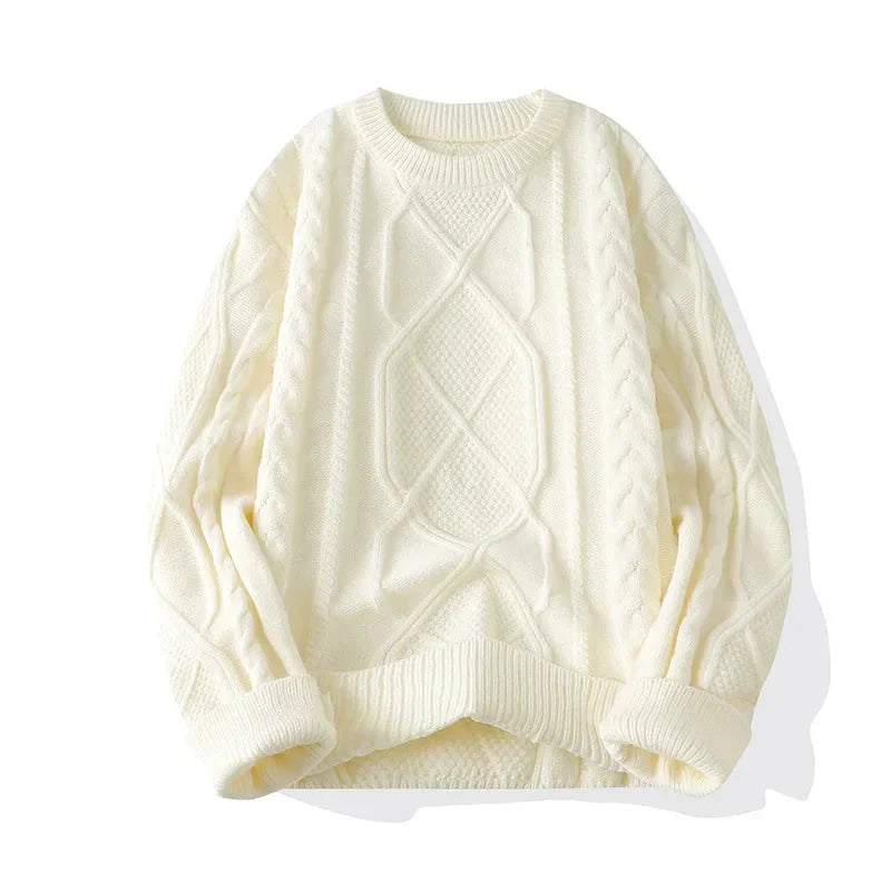 Men's cream relaxed fit cable knit wool sweater with classic textured pattern for cozy everyday style