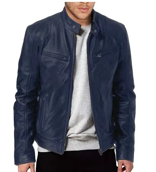 Men's black slim fit PU leather motorcycle jacket with wind-resistant stand collar