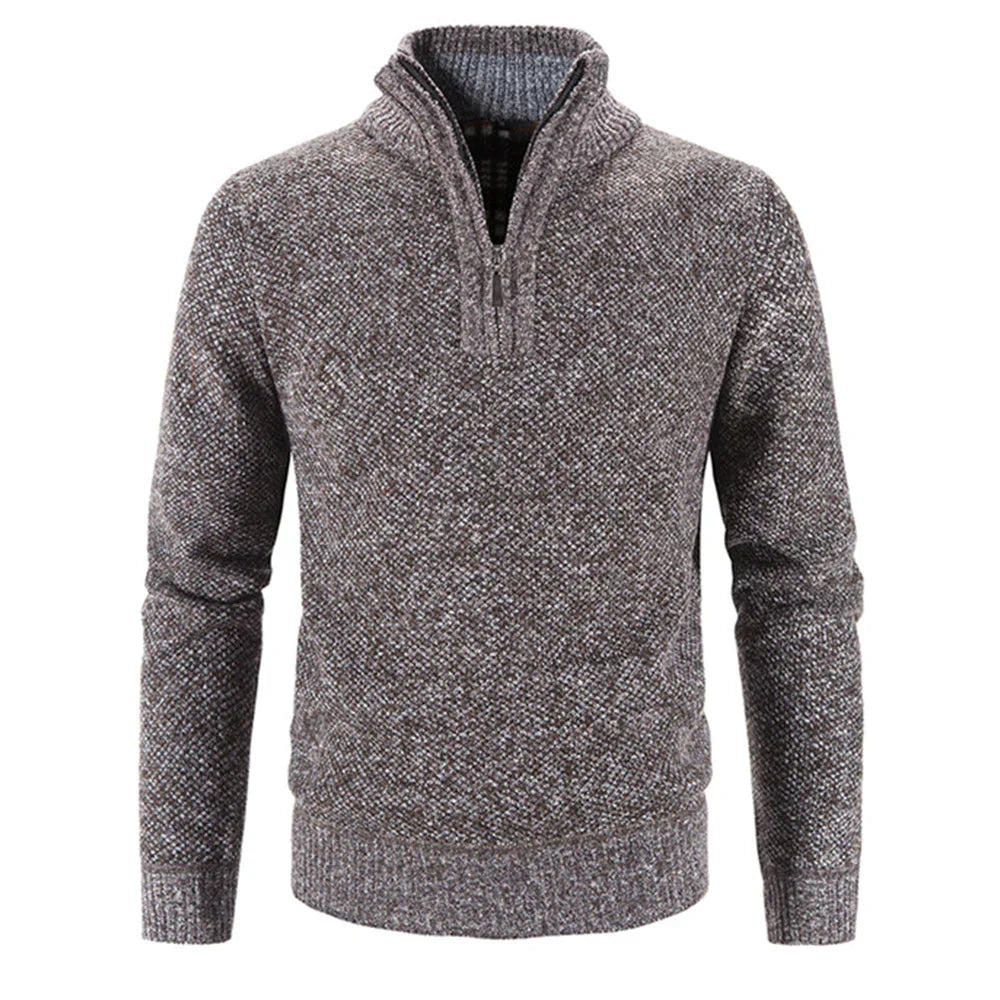 Men's structured geometric knit sweater with quarter-zip high collar, smart-casual slim fit urban style