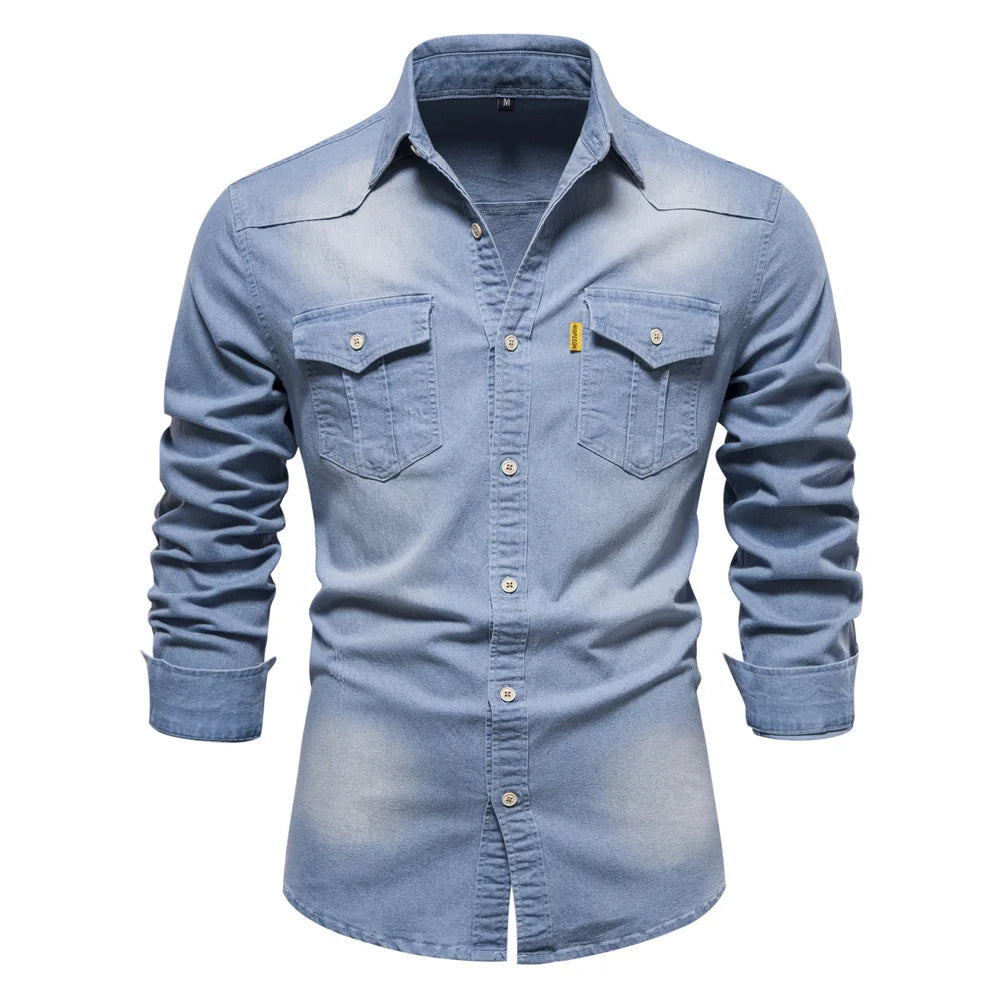 Men's classic blue denim button-up shirt with sturdy fabric and versatile everyday fit