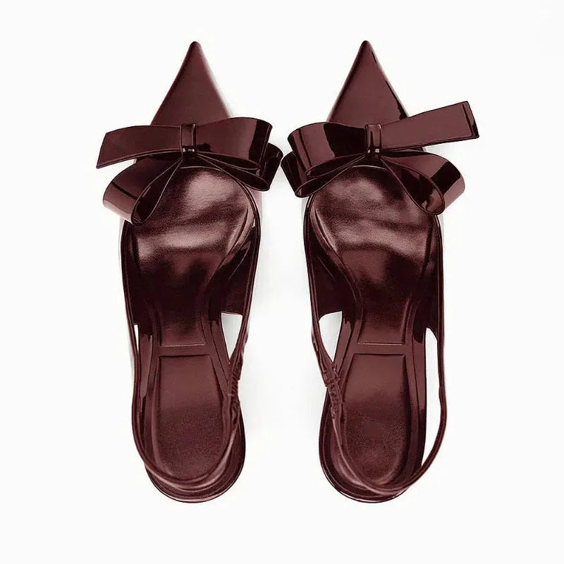 Women's wine red patent vegan leather slingback heels with glossy finish and back-strap silhouette