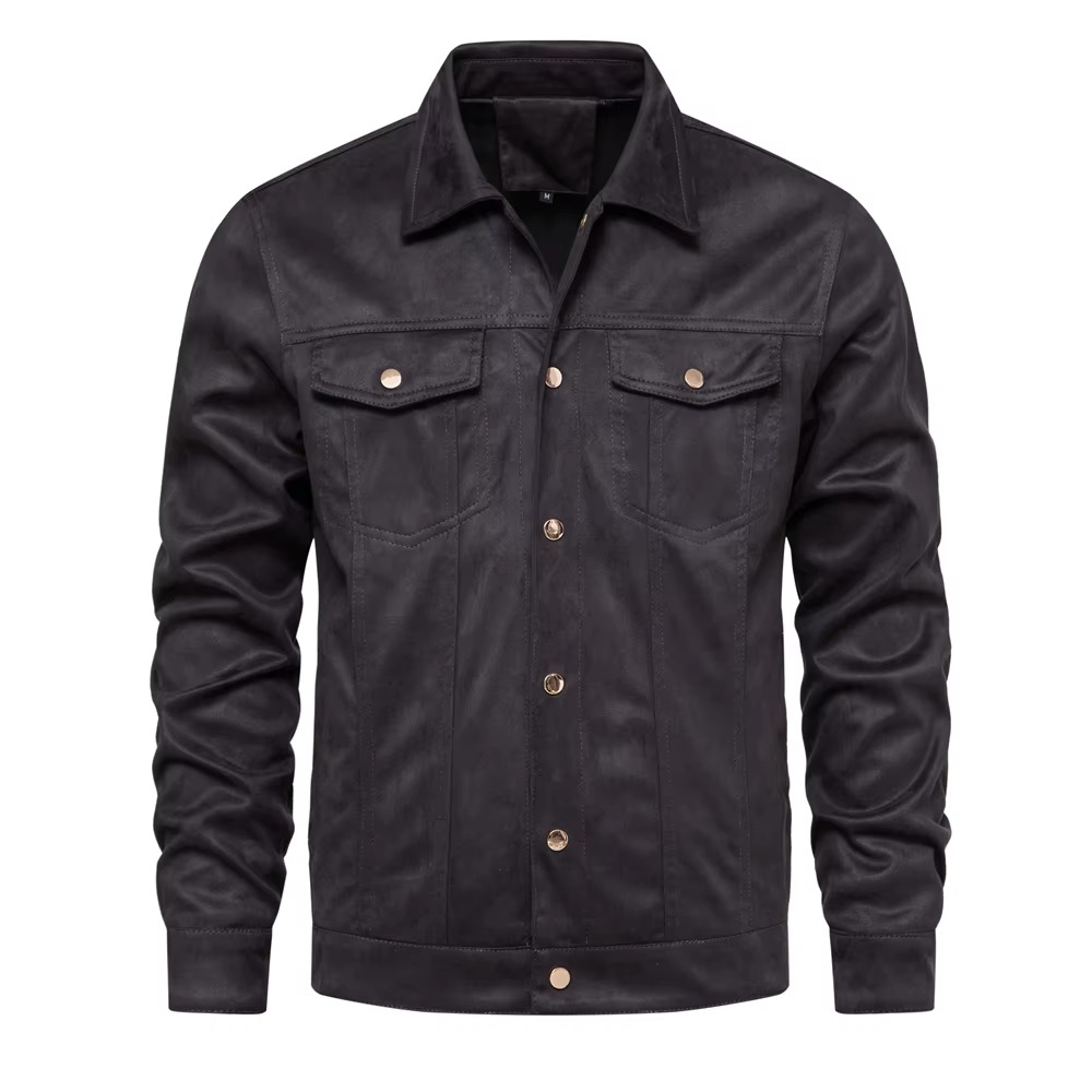 Men's brown suede leather jacket classic turn-down collar button front tailored winter coat