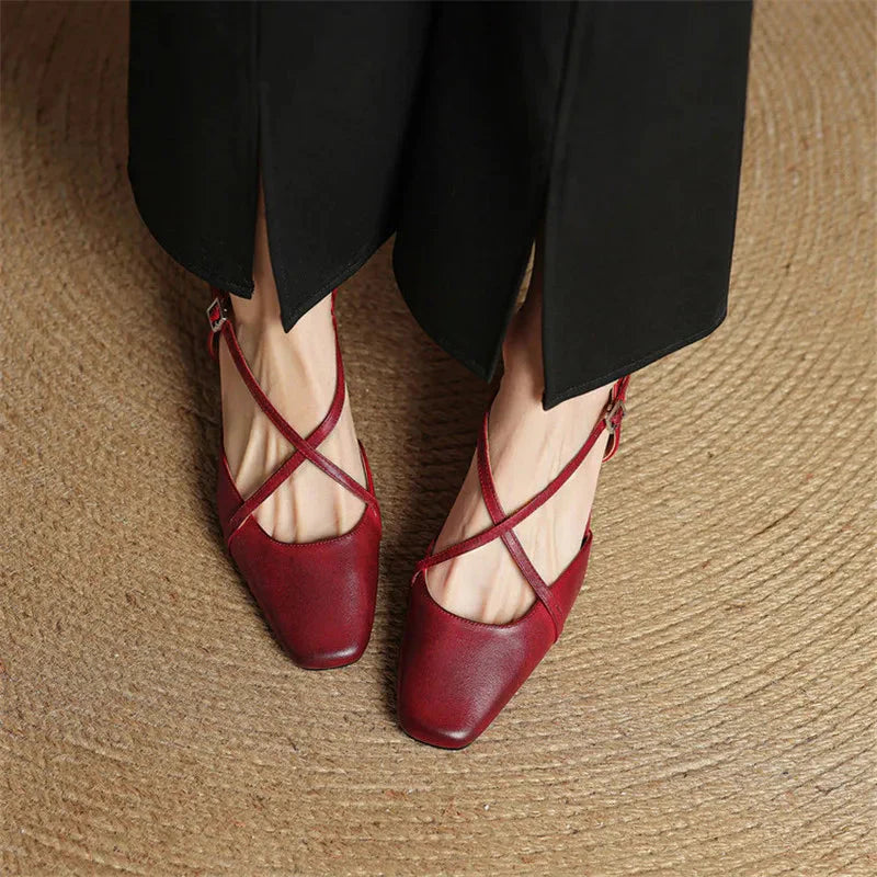 Women's square toe Mary Jane slingback block heels in stylish neutral tone with secure ankle strap