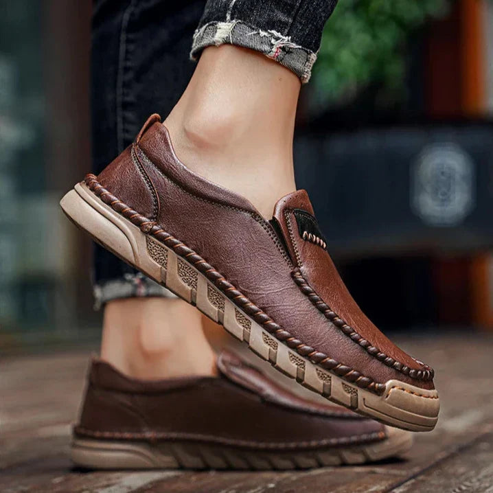 Brown genuine leather moccasins outdoor style custom fit with natural patina aging rugged outsole