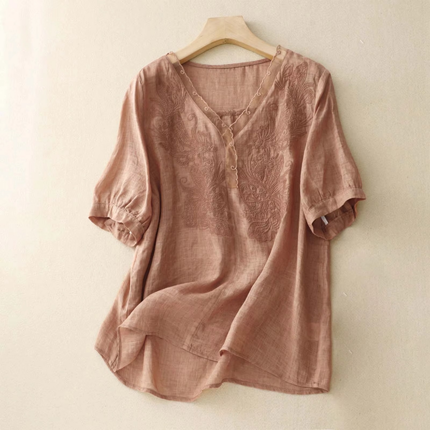 Women's vintage cotton linen blouse relaxed V-neck short sleeve breathable summer top