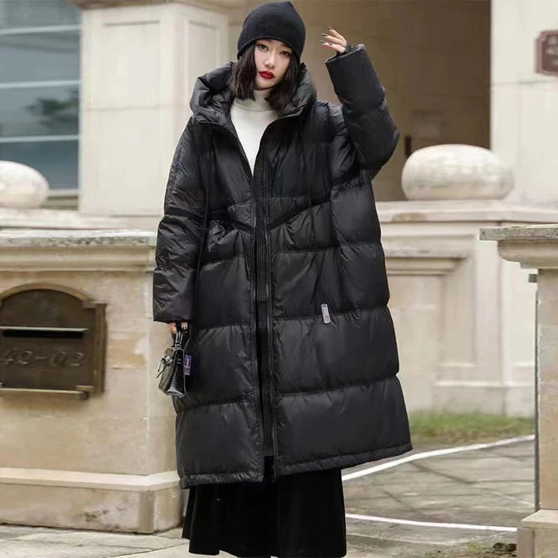 Women's longline jacket warm-lined elongated silhouette timeless cold-weather coat