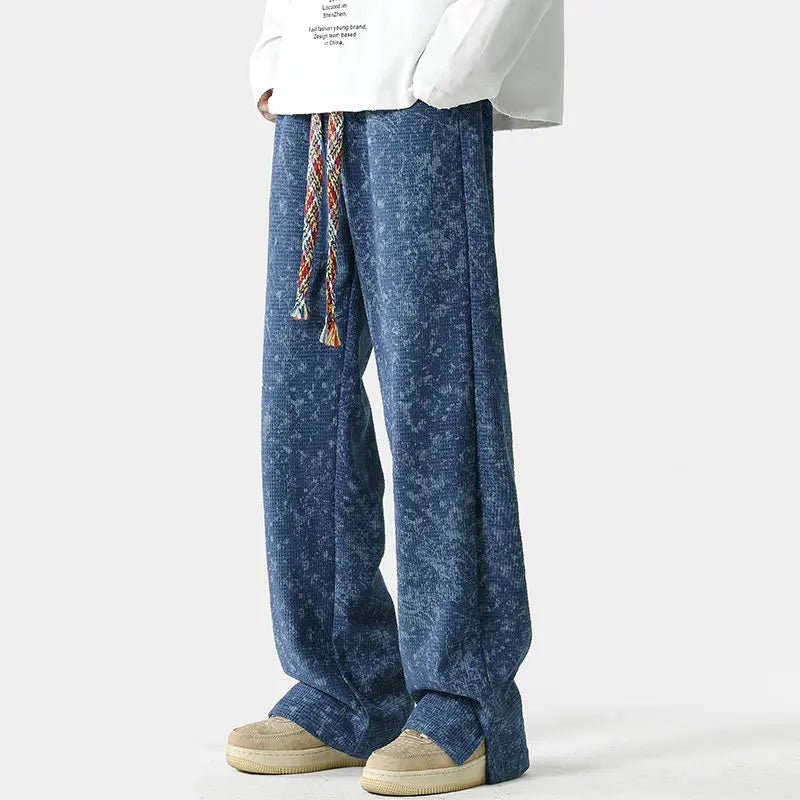 Acid wash unisex sweatpants loose wide leg split hem braided drawstring streetwear vintage style