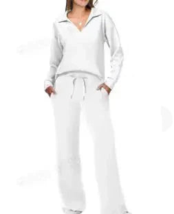 Women's sage green lounge set wide leg pants V-neck collared top relaxed travel-ready leisure wear