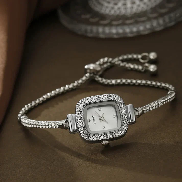 Women's Isla rhinestone embellished square face wristwatch with adjustable slider clasp bracelet band