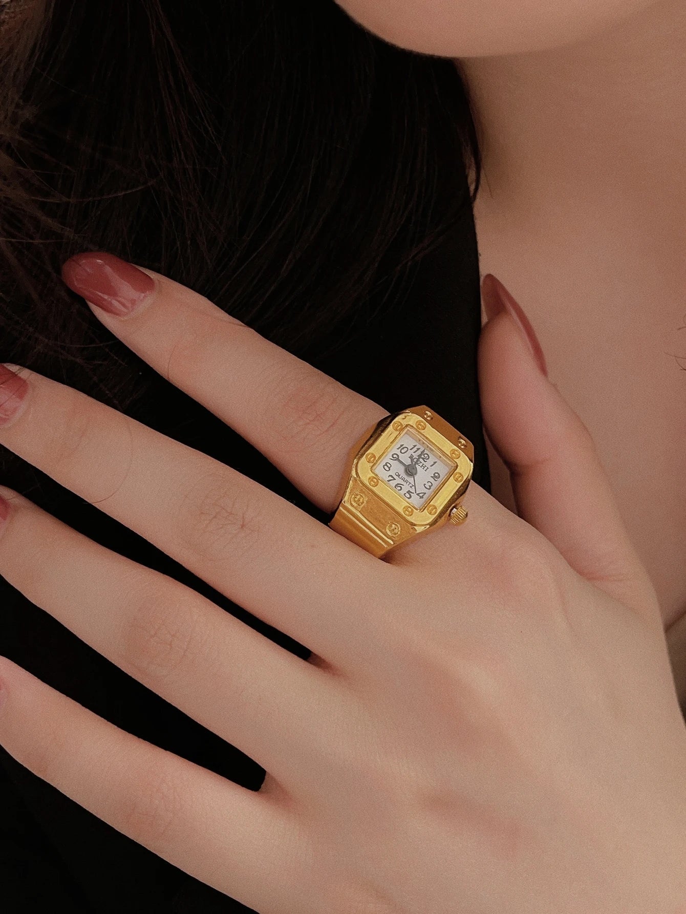 Women's ring watch gold-tone finger-worn timepiece with minimalist dial statement accessory