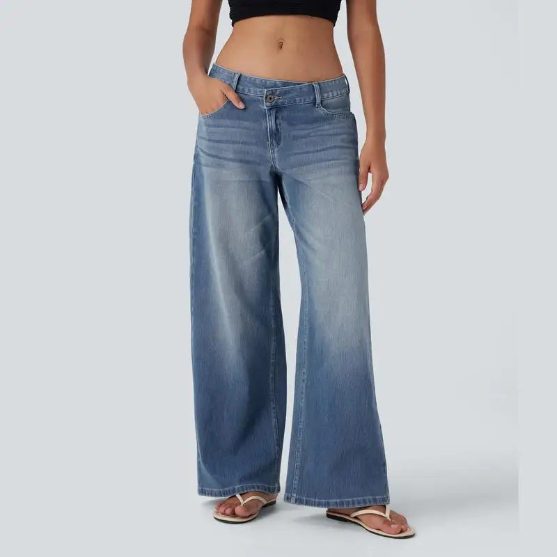 Women's baggy wide-leg jeans low-rise denim with asymmetric zipper pockets all-day comfort fit
