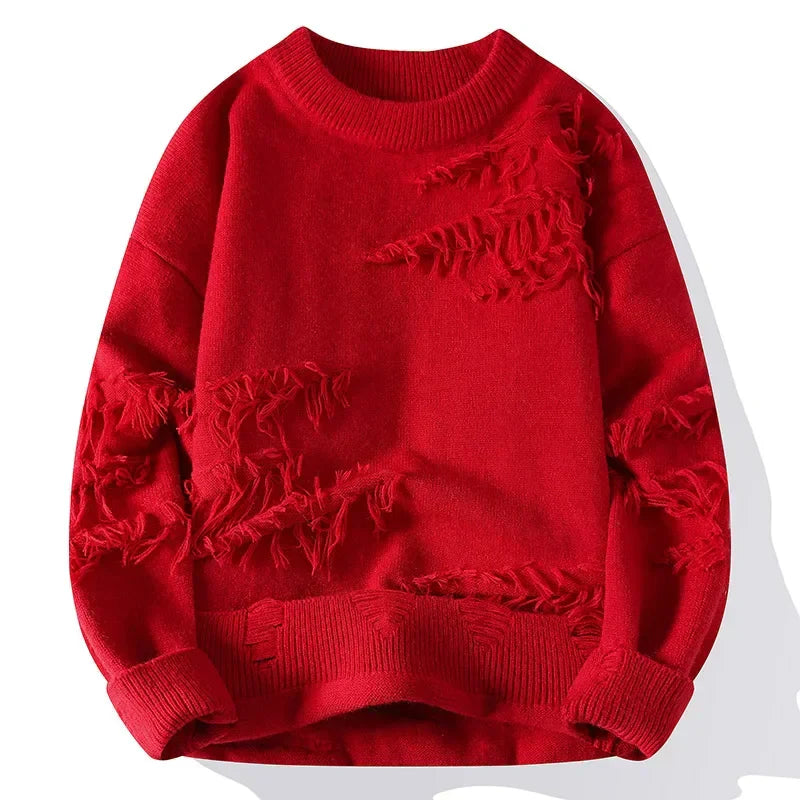 Unisex distressed knit crewneck sweater with frayed accents, ribbed collar, rugged casual style