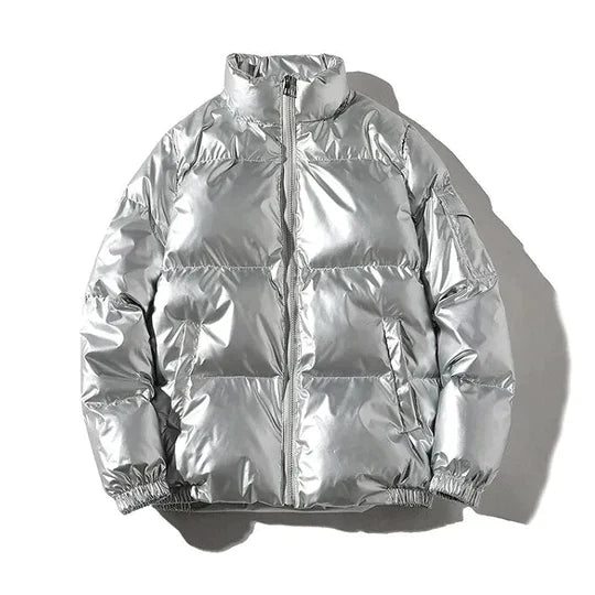 Men's navy blue windproof puffer jacket with multi-layer insulation and weatherproof rain shield design