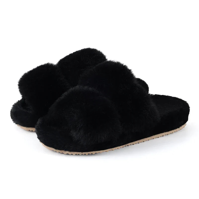 Women's cozy faux fur slide slippers in plush neutral tones with fluffy strap for home comfort