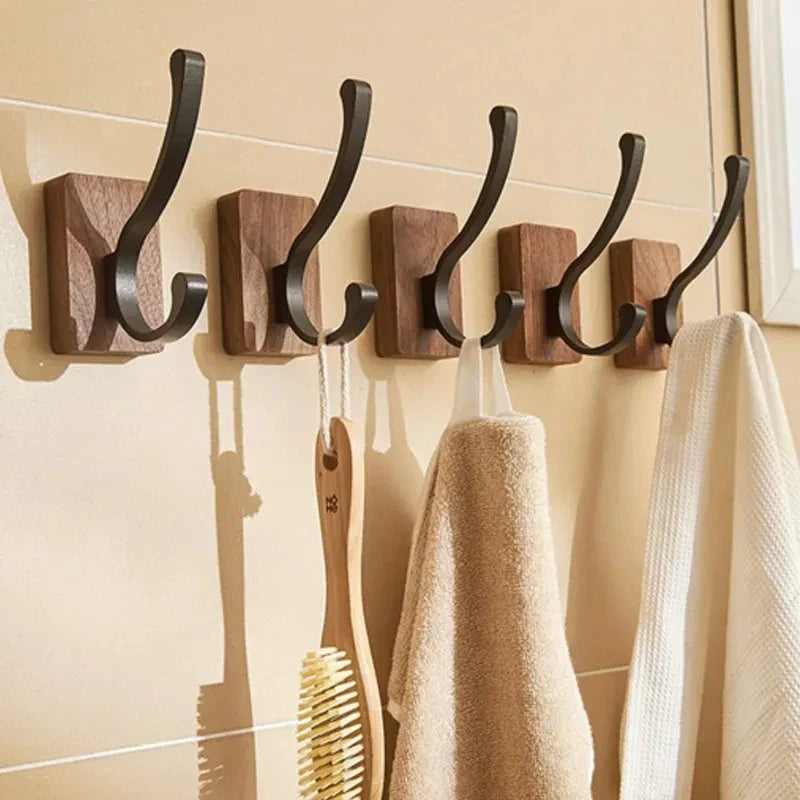 Minimalist wooden wall hooks natural wood matte-black metal accent entryway bathroom organizer