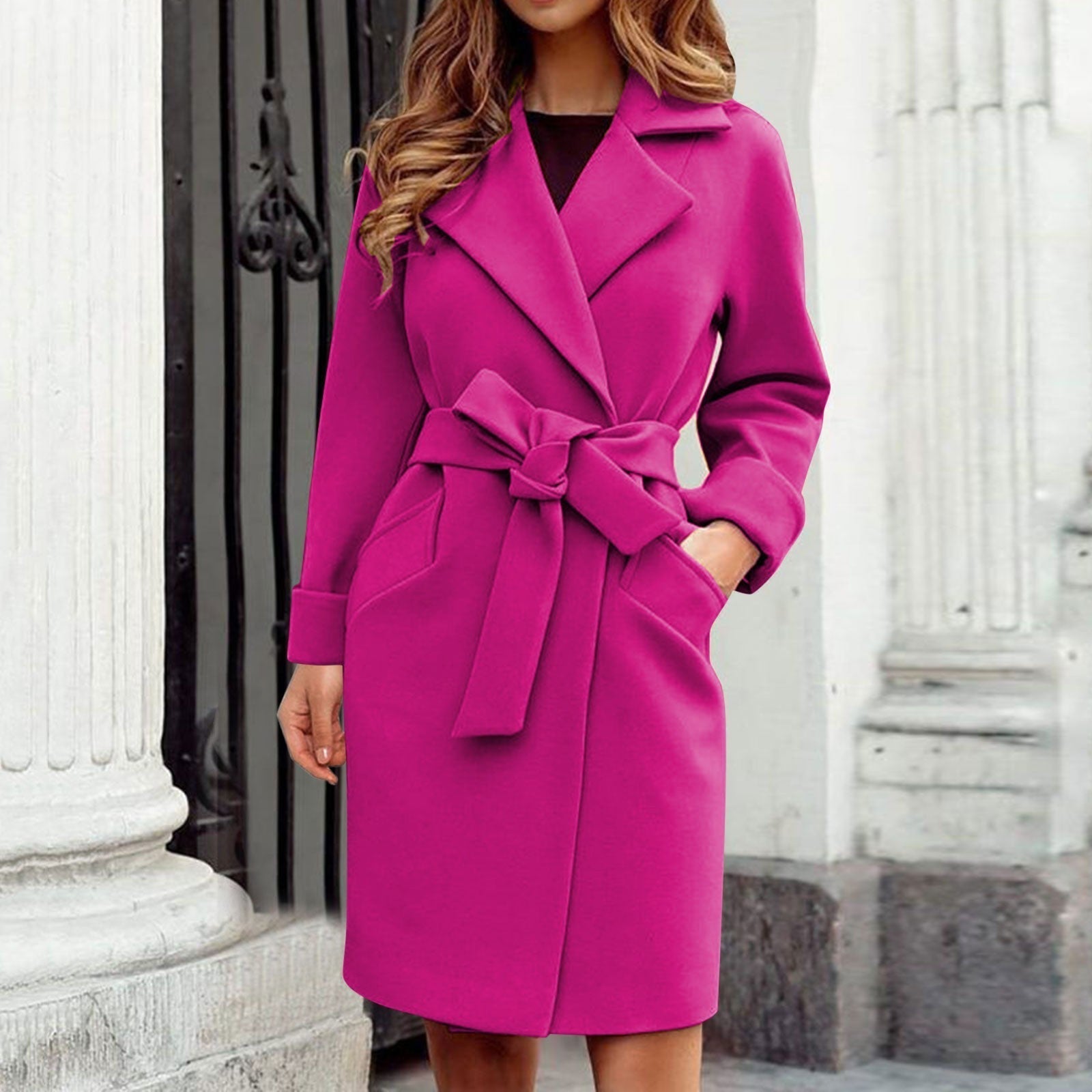 Women's wool blend knee-length trench coat with cashmere tie belt, wide lapels, tailored silhouette