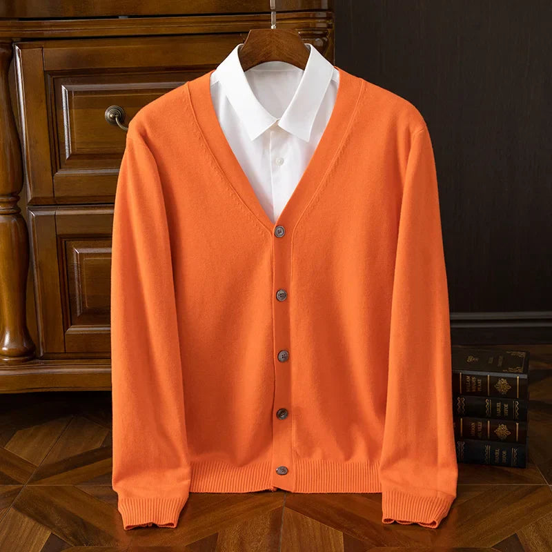 Men's grey cashmere wool blend V-neck cardigan relaxed fit with luxurious soft texture