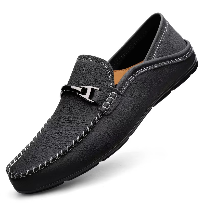 Men's genuine leather loafers with metal buckle, soft sole business casual driving shoes