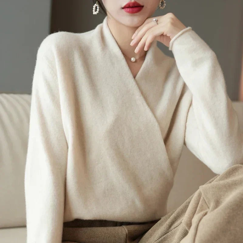 Women's camel cashmere wrap sweater relaxed fit V-neck crisscross knit luxurious blend