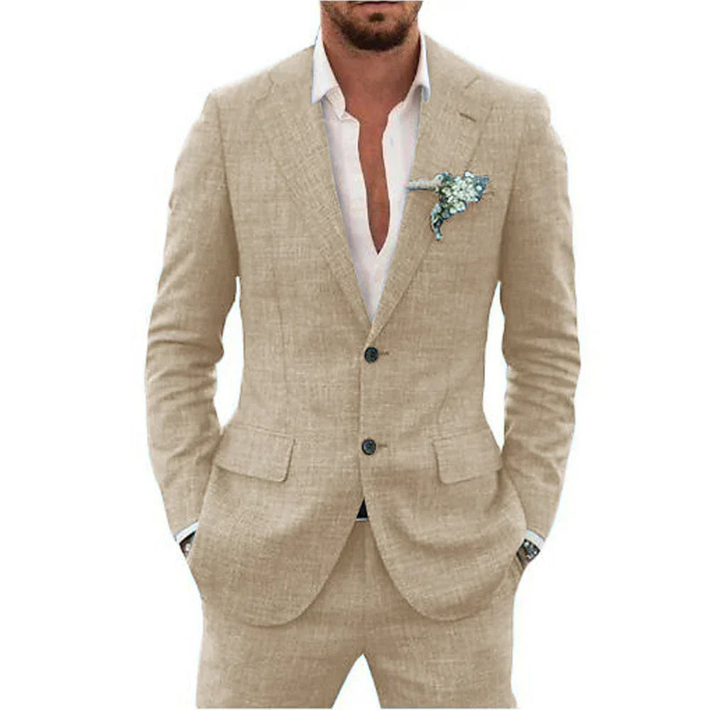 Men's slim fit two-piece wedding suit in classic tone with sharp peaked lapel jacket and matching trousers
