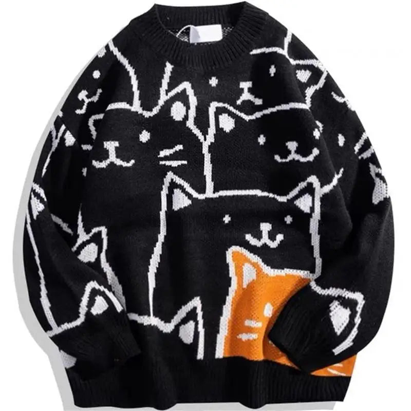Cozy soft knit crewneck sweater with bold cat motif pattern, relaxed fit for cat lovers