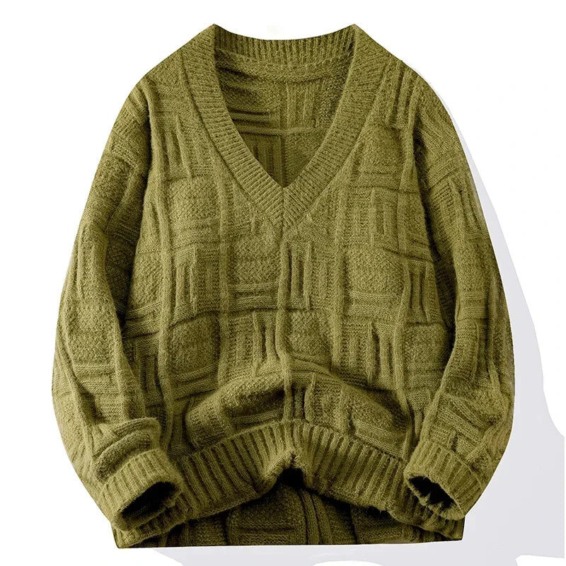 Relaxed fit textured geometric knit V-neck sweater unisex neutral tones versatile layering piece