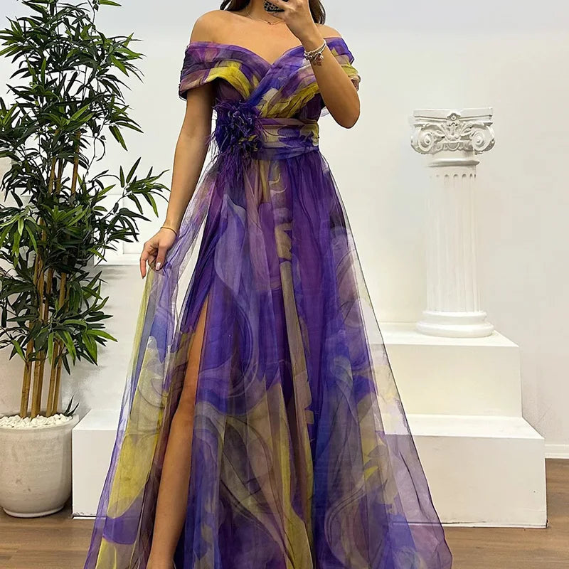 Floral tulle off-shoulder gown with airy sheer layers and fitted bodice for spring weddings