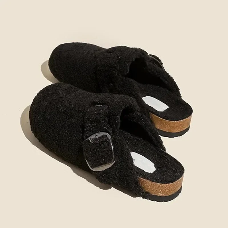 Women's plush lamb wool fuzzy mules slippers with adjustable buckle, cozy alpine cocoon comfort