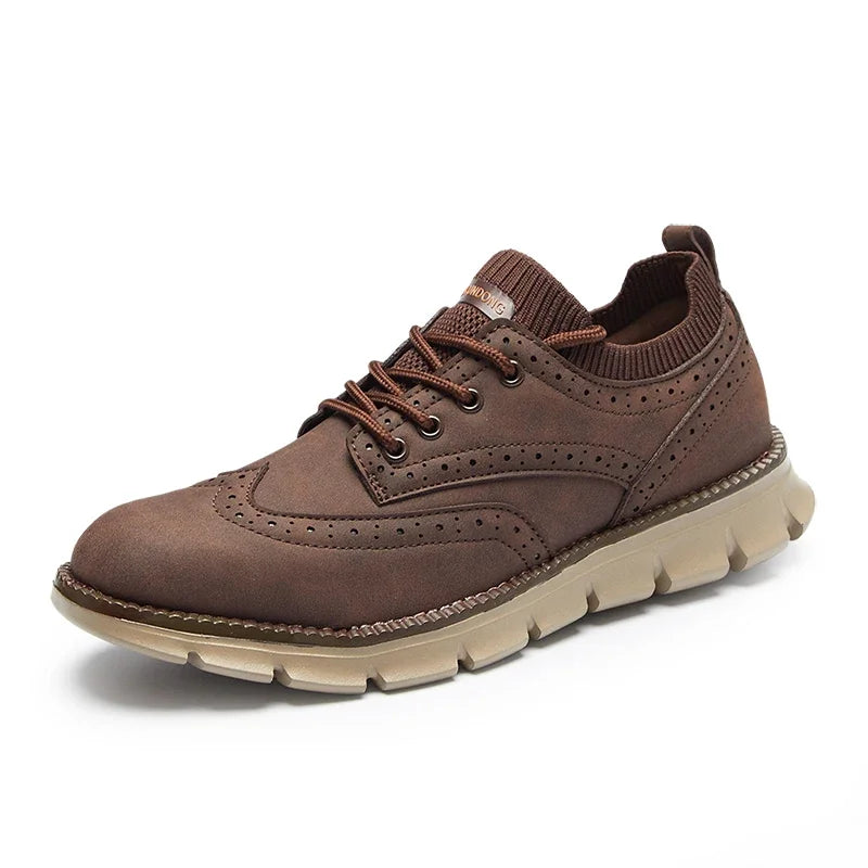 Men's brown wingtip Oxford dress shoes with genuine leather upper and cushioned rubber outsole