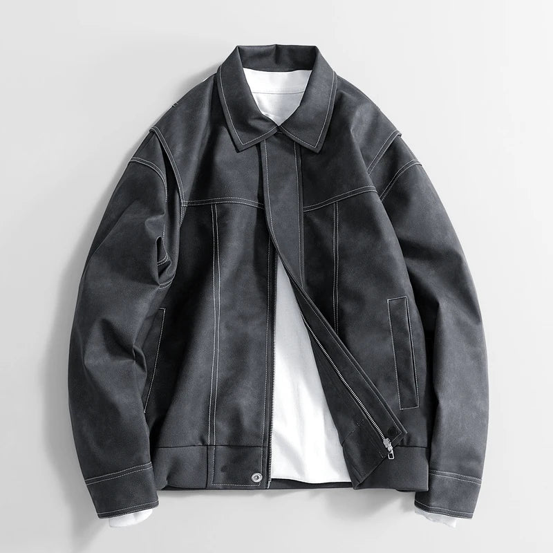 Black vegan leather moto jacket unisex suede texture rugged everyday style flexible fit