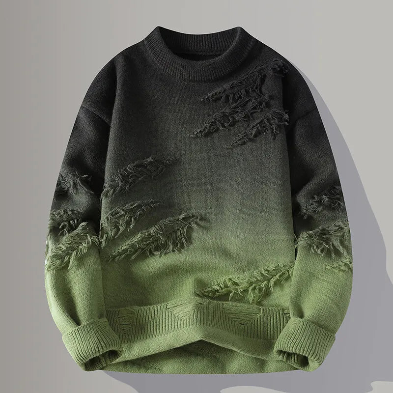 Men's gradient knit sweater with ombre fade, distressed texture, and street-style edge
