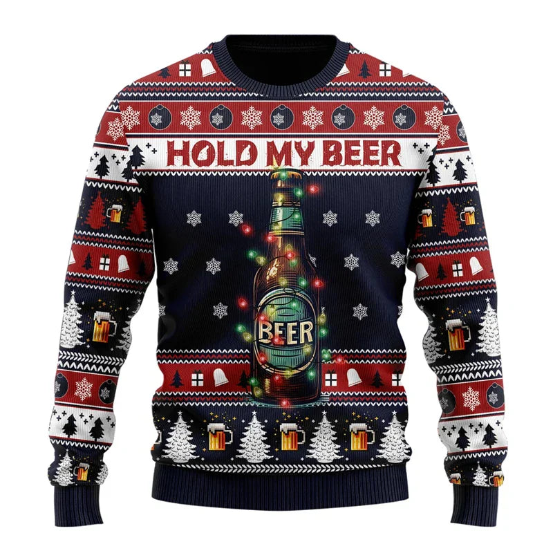 Men's red cozy Christmas sweater with playful festive holiday print, relaxed fit winter pullover