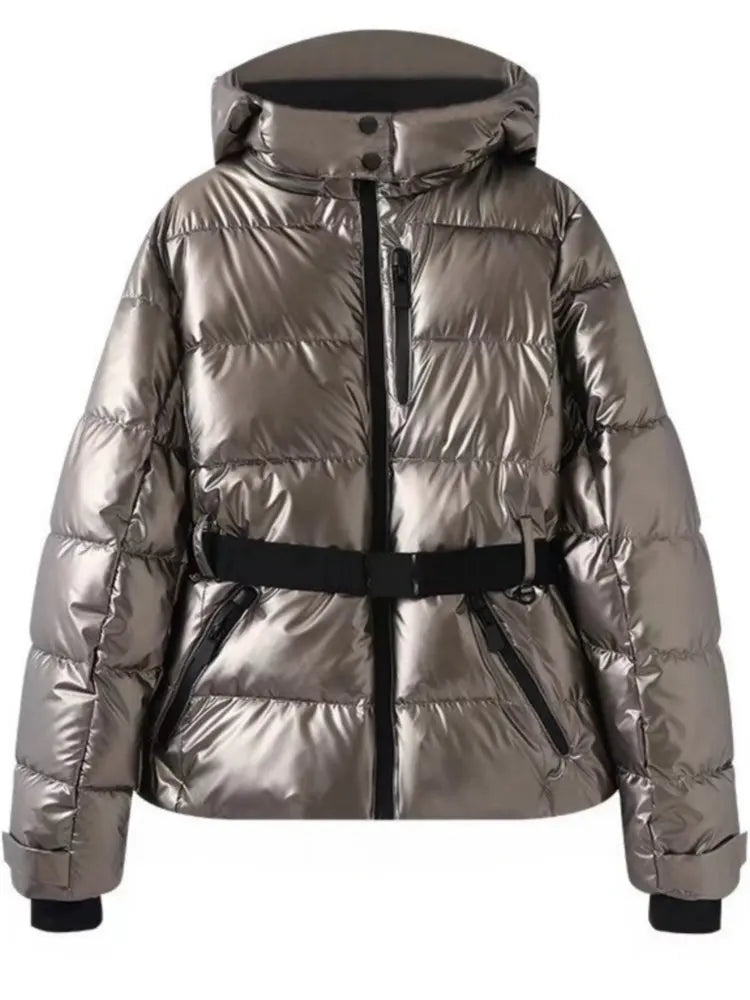 Women's belted puffer jacket metallic finish cinched waist cold weather winter coat